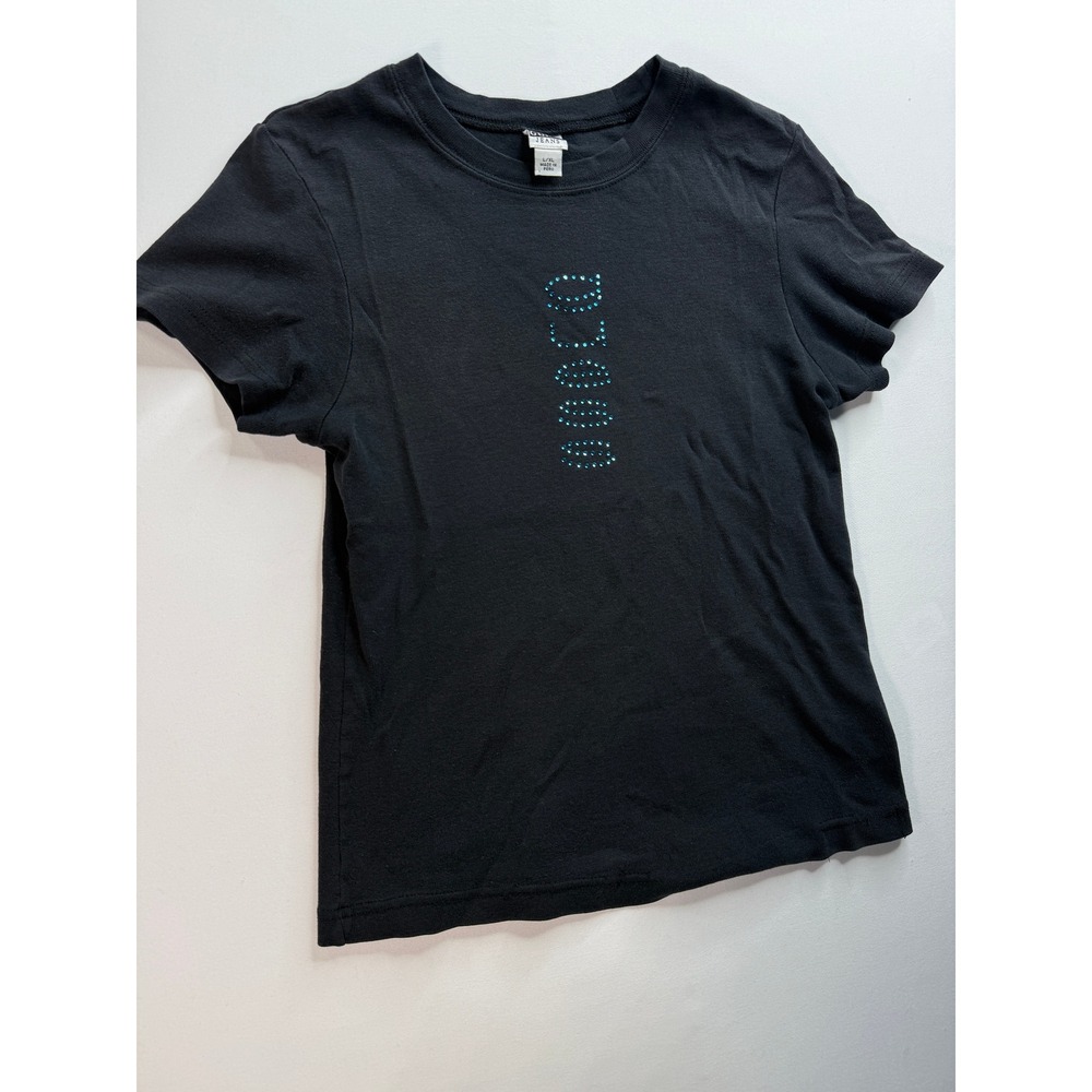 Y2K Guess Jeans Rhinestone Logo T-Shirt Women's L/XL Black Blue Crystal Gorp